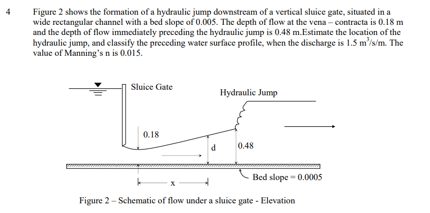 4
Figure 2 shows the formation of a hydraulic jump downstream of a vertical sluice gate, situated in a
wide rectangular channel with a bed slope of 0.005. The depth of flow at the vena – contracta is 0.18 m
and the depth of flow immediately preceding the hydraulic jump is 0.48 m.Estimate the location of the
hydraulic jump, and classify the preceding water surface profile, when the discharge is 1.5 m/s/m. The
value of Manning's n is 0.015.
Sluice Gate
Hydraulic Jump
0.18
d
0.48
Bed slope = 0.0005
X
Figure 2 – Schematic of flow under a sluice gate - Elevation
