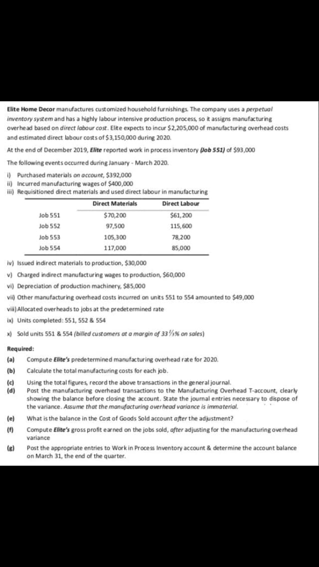 Elite Home Decor manufactures customized household furnishings. The company uses a perpetual
inventory system and has a highly labour intensive production process, so it assigns manufacturing
overhead based on direct labour cost. Elite expects to incur $2,205,000 of manufacturing overhead costs
and estimated direct labour costs of $3,150,000 during 2020.
At the end of December 2019, Elite reported work in process inventory (Job 551) of $93,000
The following events occurred during January - March 2020.
i) Purchased materials on account, $392,000
ii) Incurred manufacturing wages of $400,000
ii) Requisitioned direct materials and used direct labour in manufacturing
Direct Materials
Direct Labour
Job 551
$70,200
$61, 200
Job 552
97,500
115,600
Job 553
105,300
78,200
Job 554
117,000
85,000
iv) Issued indirect materials to production, $30,000
v) Charged indirect manufacturing wages to production, $60,000
vi) Depreciation of production machinery, $85,000
vii) Other manufacturing overhead costs incurred on units 551 to 554 amounted to $49,000
vii) Allocated overheads to jobs at the predetermined rate
ix) Units completed: 551, 552 & 554
x) Sold units 551 & 554 (billed customers at a margin of 33%% on sales)
Required:
(a)
Compute Elite's predetermined manufacturing overhead rate for 2020.
(b)
Calculate the total manufacturing costs for each job.
(c)
(d)
Using the total figures, record the above transactions in the general journal.
Post the manufacturing overhead transactions to the Manufacturing Overhead T-account, clearly
showing the balance before closing the account. State the journal entries necessary to dispose of
the variance. Assume that the manufacturing overhead variance is immaterial.
(e)
What is the balance in the Cost of Goods Sold account after the adjustment?
(f)
Compute Elite's gross profit earned on the jobs sold, after adjusting for the manufacturing overhead
variance
(g)
Post the appropriate entries to Work in Process Inventory account & determine the account balance
on March 31, the end of the quarter.
