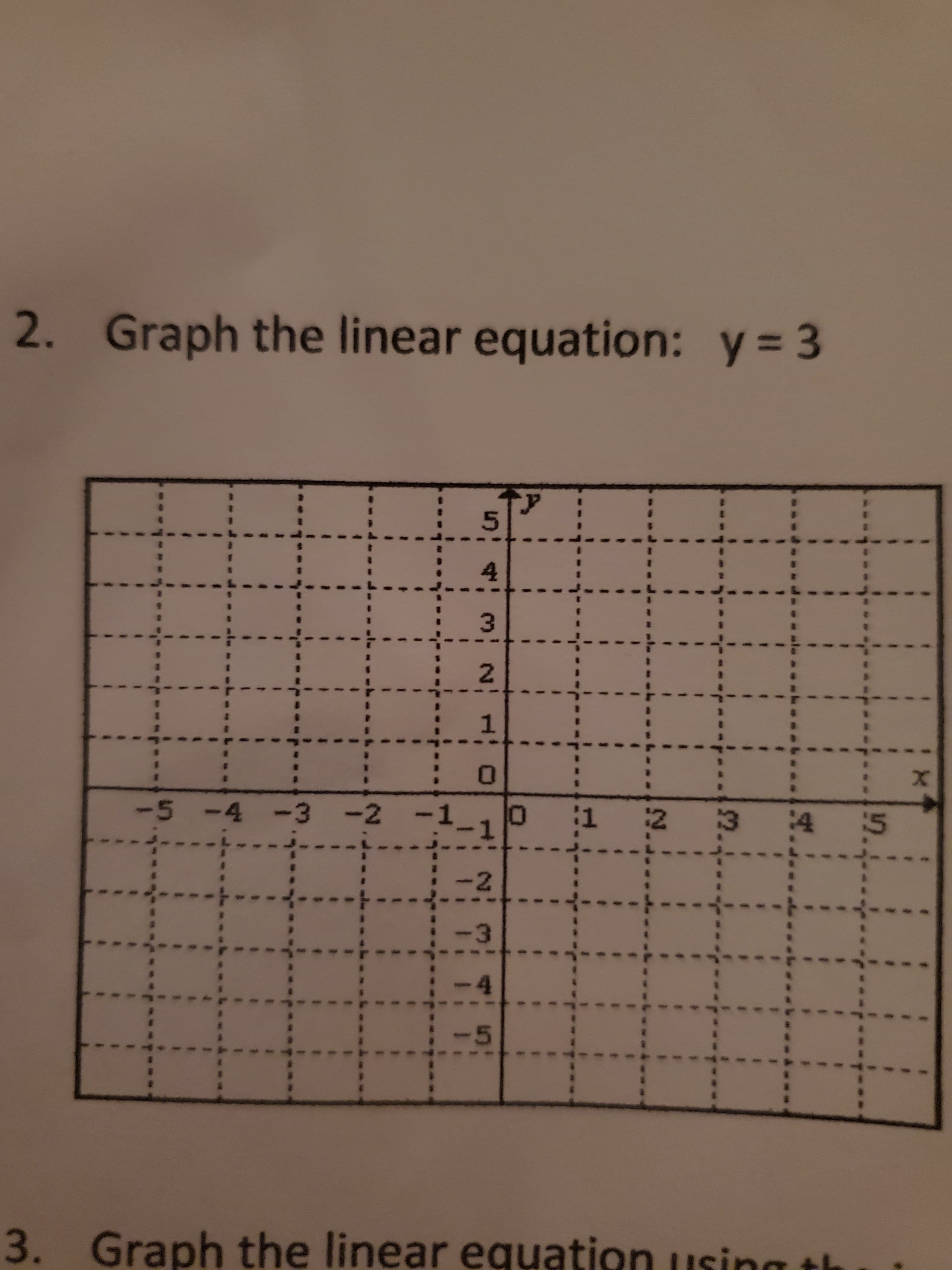 Graph the linear equation: y = 3
