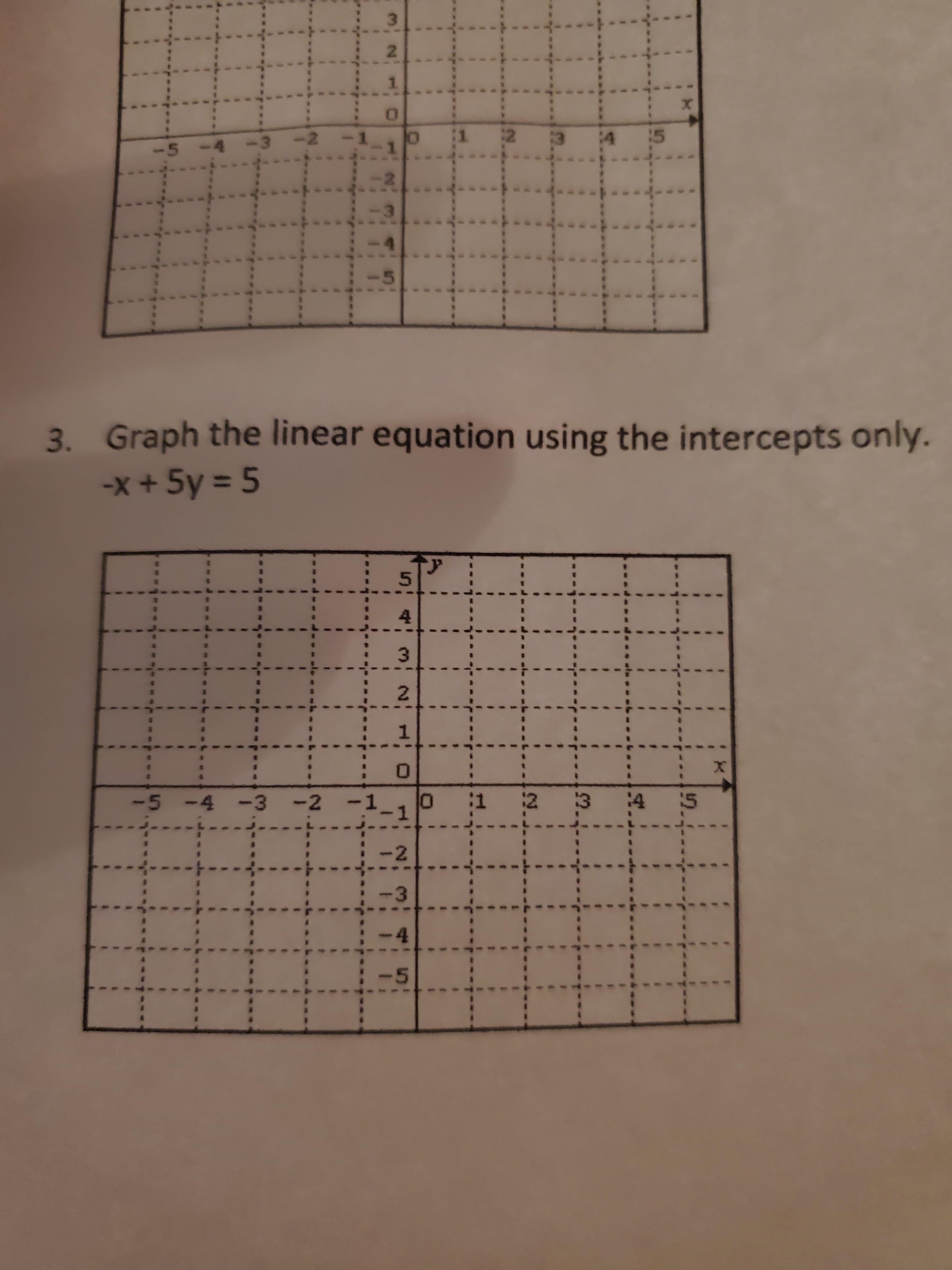 Graph the linear equation using the intercepts only.
-x+5y = 5
