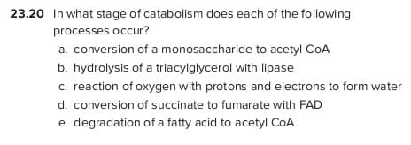 23.20 In what stage of catabolism does each of the following
processes occur?
a. conversion of a monosaccharide to acetyl CoA
b. hydrolysis of a triacylglycerol with lipase
c. reaction of oxygen with protons and electrons to form water
d. conversion of succinate to fumarate with FAD
e. degradation of a fatty acid to acetyl CoA
