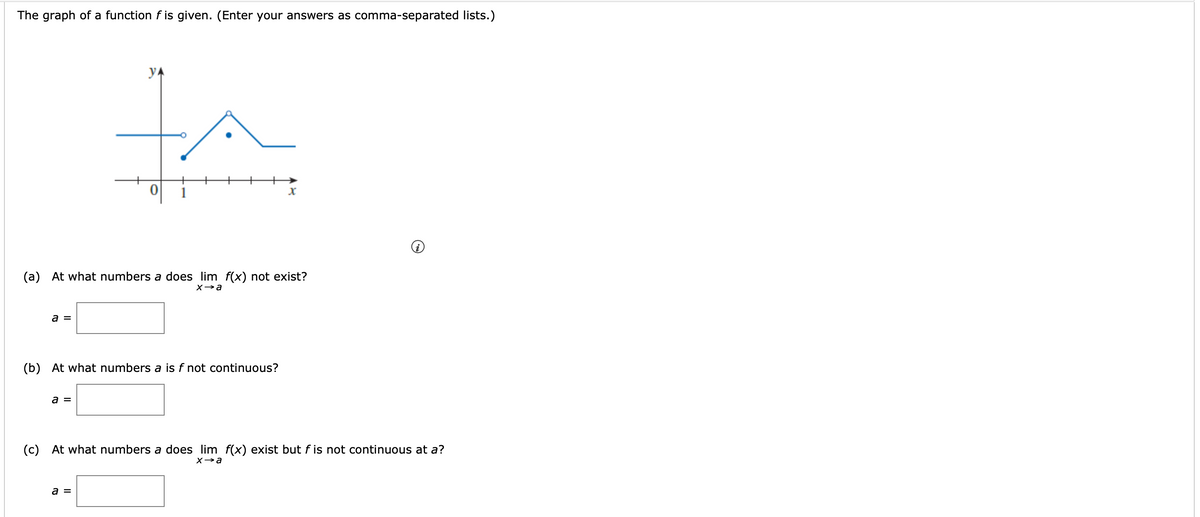 The graph of a function f is given. (Enter your answers as comma-separated lists.)
yA
(a) At what numbers a does lim f(x) not exist?
a =
(b) At what numbers a is f not continuous?
a =
(c) At what numbers a does lim f(x) exist but f is not continuous at a?
X→a
a =
