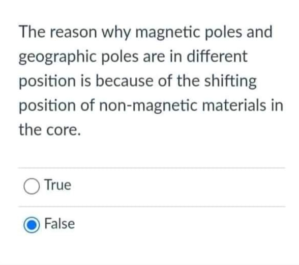 The reason why magnetic poles and
geographic poles are in different
position is because of the shifting
position of non-magnetic materials in
the core.
O True
False