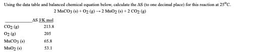 Using the data table and balanced chemical equation below, calculate the AS (to one decimal place) for this reaction at 25°C.
2 MnCO3 (s) + 02 (g) 2 Mn02 (s) + 2 CO2 (g)
AS J/K mol
Co2 (g)
02 (g)
MnCO3 (s)
Mn02 (s)
213.8
205
65.8
53.1

