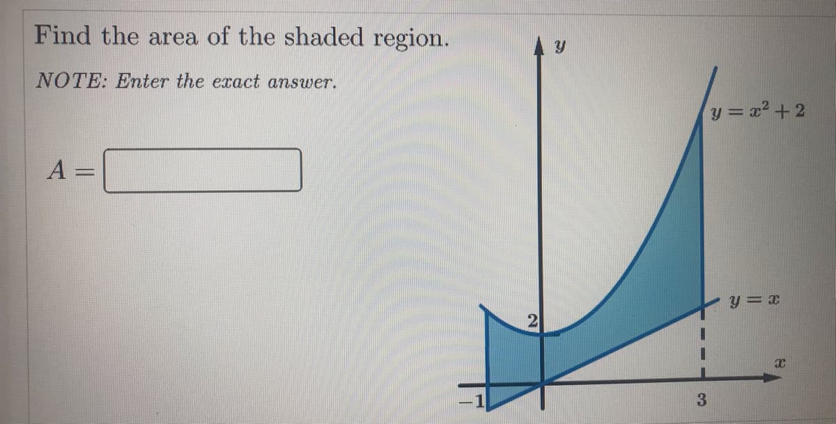 Find the area of the shaded region.
NOTE: Enter the exact answer.
y = x2 + 2
A =

