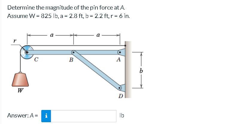 Determine the magnitude of the pin force at A.
Assume W = 825 lb, a = 2.8 ft, b = 2.2 ft, r = 6 in.
W
C
Answer: A =
i
B
A
D
lb
b