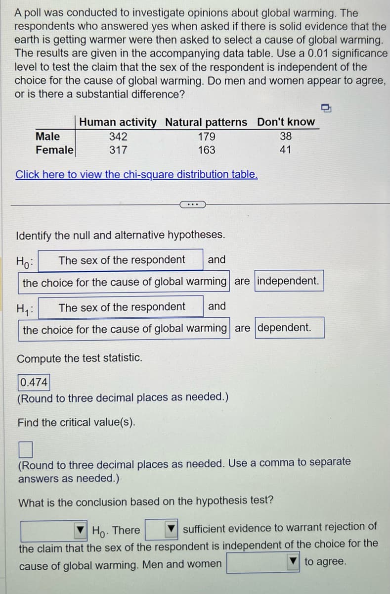 A poll was conducted to investigate opinions about global warming. The
respondents who answered yes when asked if there is solid evidence that the
earth is getting warmer were then asked to select a cause of global warming.
The results are given in the accompanying data table. Use a 0.01 significance
level to test the claim that the sex of the respondent is independent of the
choice for the cause of global warming. Do men and women appear to agree,
or is there a substantial difference?
Human activity Natural patterns Don't know
38
41
Male
342
Female
317
Click here to view the chi-square distribution table.
179
163
Identify the null and alternative hypotheses.
Ho:
The sex of the respondent and
the choice for the cause of global warming are independent.
H₁:
The sex of the respondent
and
the choice for the cause of global warming are dependent.
Compute the test statistic.
0.474
(Round to three decimal places as needed.)
Find the critical value(s).
0
(Round to three decimal places as needed. Use a comma to separate
answers as needed.).
What is the conclusion based on the hypothesis test?
Ho. There
sufficient evidence to warrant rejection of
the claim that the sex of the respondent is independent of the choice for the
▼to agree.
cause of global warming. Men and women