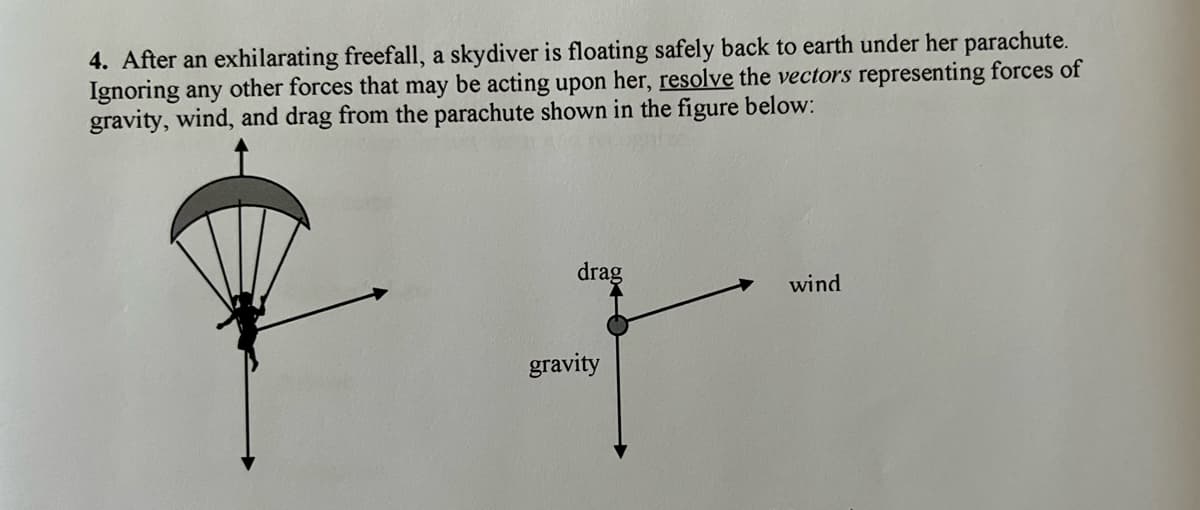 4. After an exhilarating freefall, a skydiver is floating safely back to earth under her parachute.
Ignoring any other forces that may be acting upon her, resolve the vectors representing forces of
gravity, wind, and drag from the parachute shown in the figure below:
drag
gravity
wind
