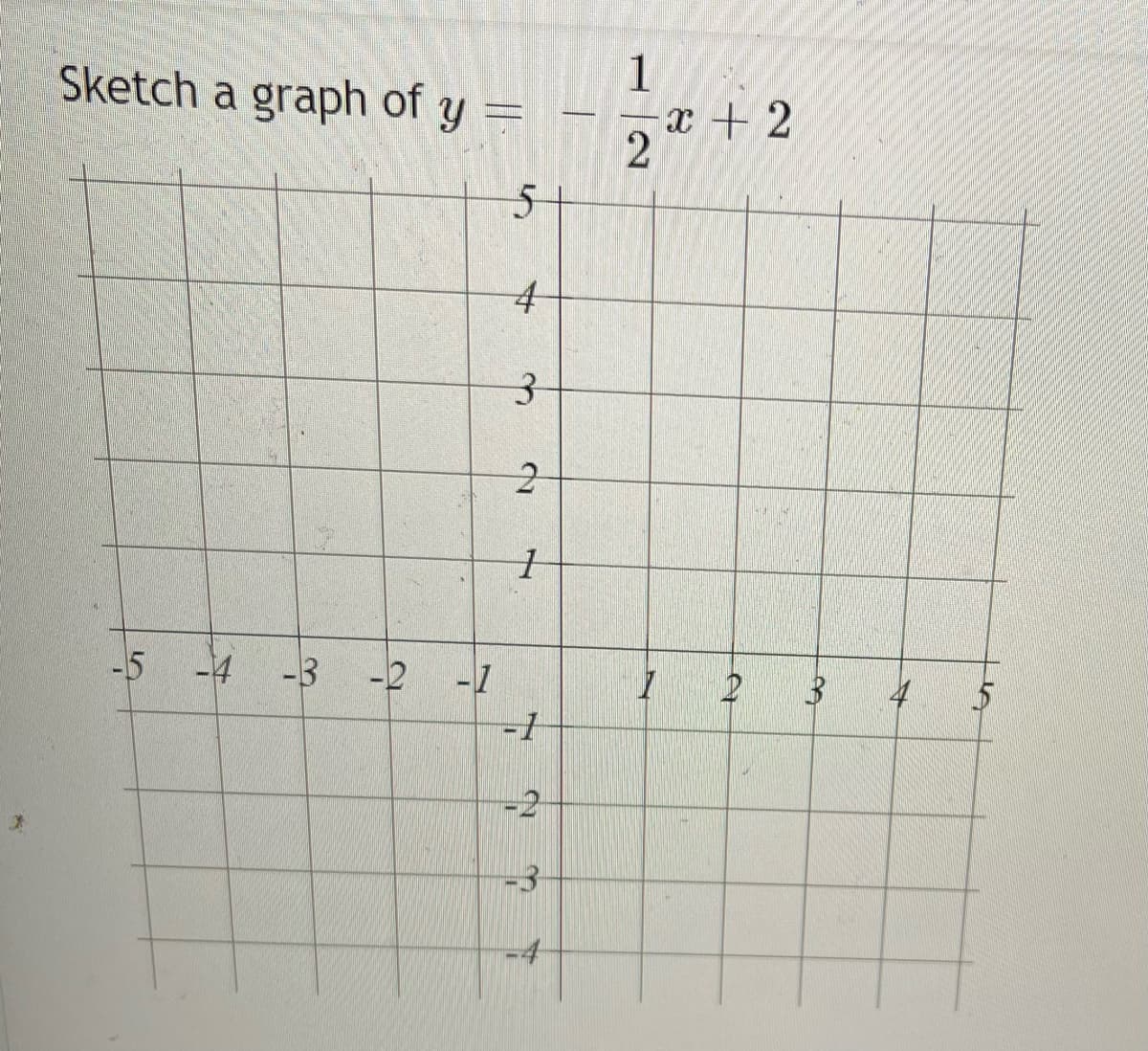 Sketch a graph of y
1
x + 2
-5
-4
-3
-2
-1
-2
-3
-4
%24

