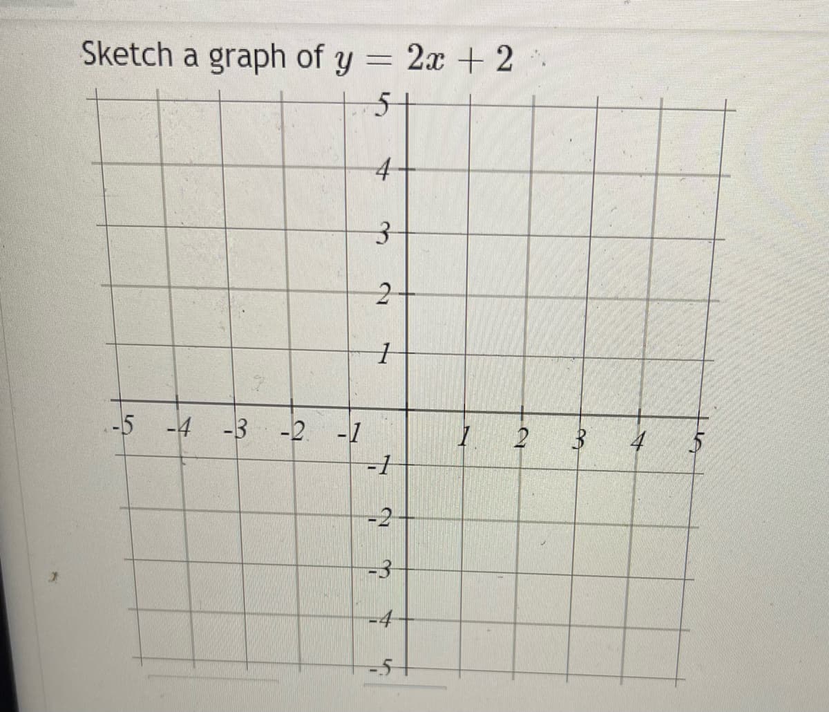 Sketch a graph of y =
2х + 2
51
.-5
-4
-3
-2
-1
2
-1
-2
-3
-4
-5+
