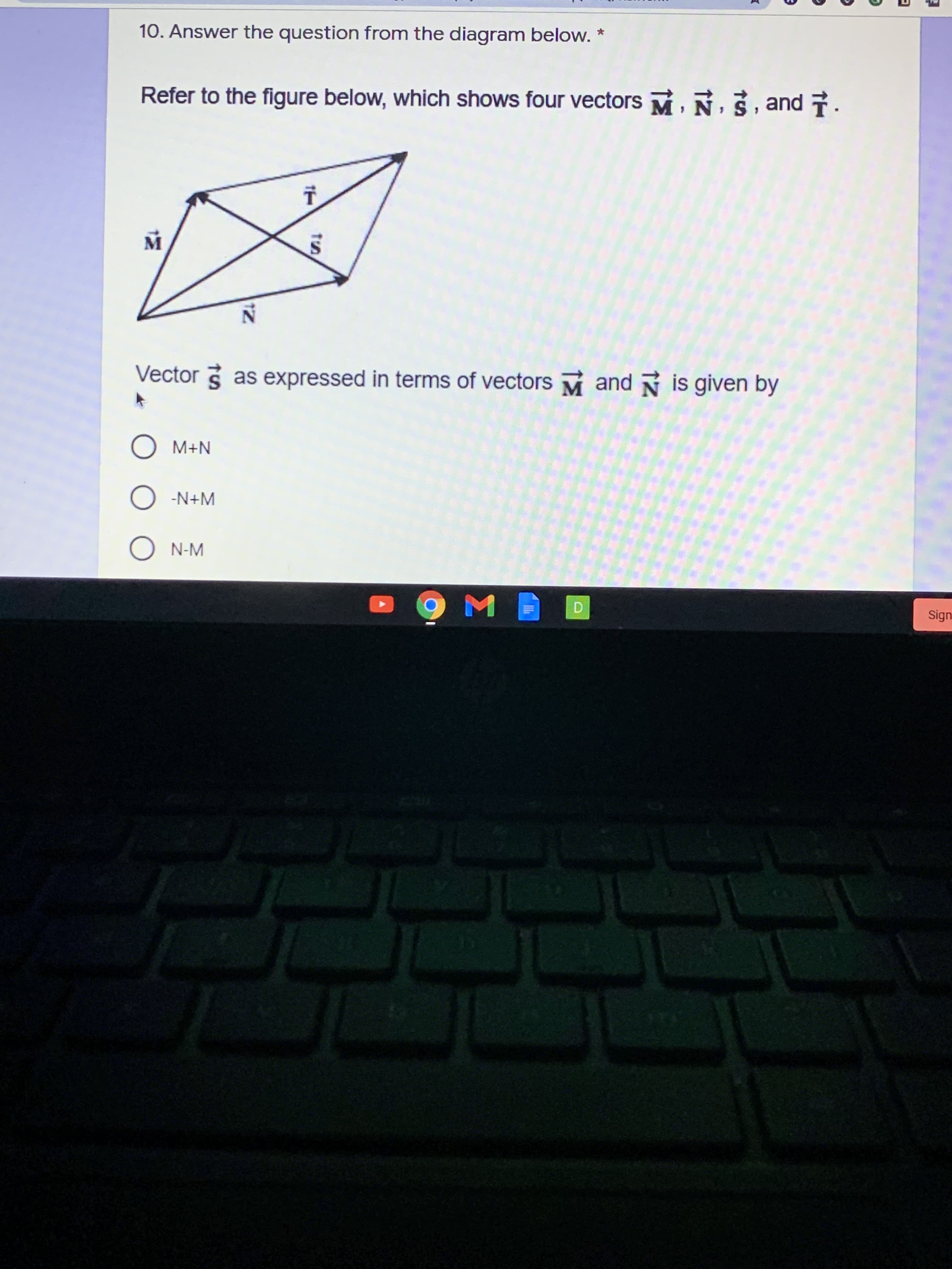 10. Answer the question from the diagram below. *
Refer to the figure below, which shows four vectors M, N, S,and 7.
Vector 3 as expressed in terms of vectors M and is given by
