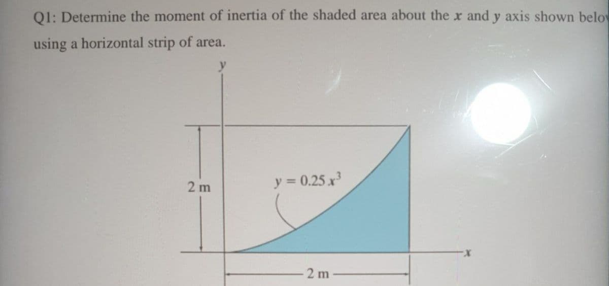 Q1: Determine the moment of inertia of the shaded area about the x and y axis shown belov
using a horizontal strip of area.
y = 0.25 x
%3D
2 m
2 m
