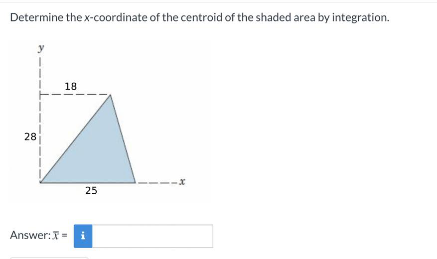 Determine the x-coordinate of the centroid of the shaded area by integration.
y
18
28
--x
25
Answer: =
i
