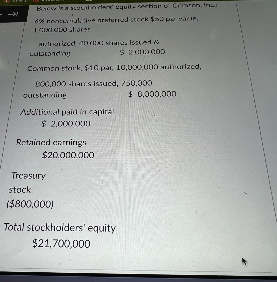 Chegy
- →
Below is a stockholders' equity section of Crimson, Inc.:
6% noncumulative preferred stock $50 par value,
1,000,000 shares
authorized, 40,000 shares issued &
$ 2,000,000
outstanding
Common stock, $10 par, 10,000,000 authorized,
800,000 shares issued, 750,000
outstanding
Additional paid in capital
$2,000,000
Retained earnings
$20,000,000
Treasury
stock
($800,000)
Total stockholders' equity
$21,700,000
$ 8,000,000