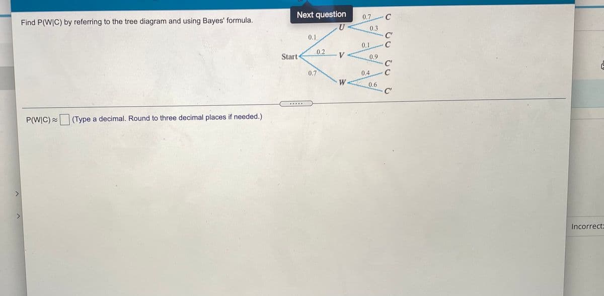 Next question
0.7
Find P(W|C) by referring to the tree diagram and using Bayes' formula.
U
0.3
C'
0.1
0.1
C
0.2
Start
V <
0.9
C'
C
0.7
0.4
W<
0.6
C'
.... ..
P(W|C) =
(Type a decimal. Round to three decimal places if needed.)
Incorrect:
