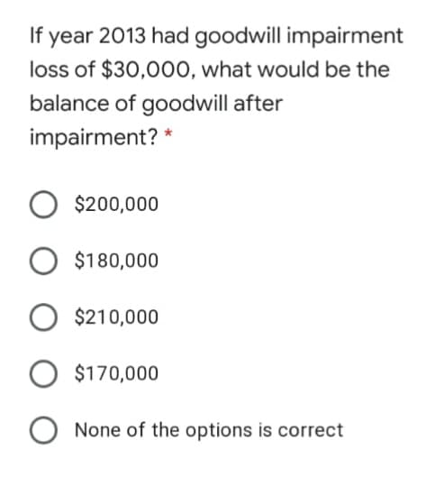 year 2013 had goodwill impairment
loss of $30,000, what would be the
balance of goodwill after
If
impairment? *
O $200,000
$180,000
$210,000
O $170,000
None of the options is correct
