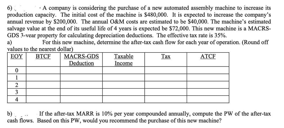 6)
A company is considering the purchase of a new automated assembly machine to increase its
production capacity. The initial cost of the machine is $480,000. It is expected to increase the company's
annual revenue by $200,000. The annual O&M costs are estimated to be $40,000. The machine's estimated
salvage value at the end of its useful life of 4 years is expected be $72,000. This new machine is a MACRS-
GDS 3-vear property for calculating depreciation deductions. The effective tax rate is 35%.
a)
For this new machine, determine the after-tax cash flow for each year of operation. (Round off
values to the nearest dollar)
EOY
BTCF
Tax
0
1
2
3
4
MACRS-GDS
Deduction
Taxable
Income
ATCF
b)
If the after-tax MARR is 10% per year compounded annually, compute the PW of the after-tax
cash flows. Based on this PW, would you recommend the purchase of this new machine?