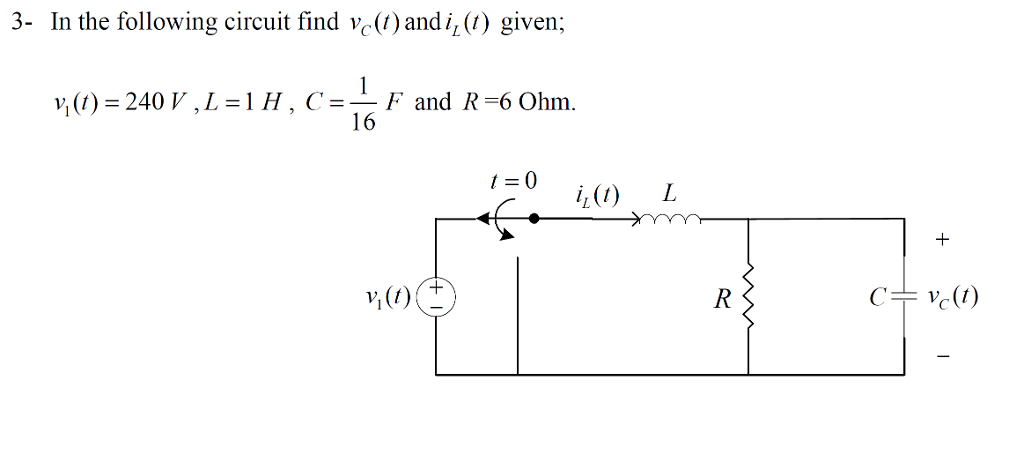 3- In the following circuit find v.(1) and i, (1) given;
C=1
v, (1) = 240 V , L =1 H , C =– F and R=6 Ohm.
16
t = 0
i,(1)
v,(1) (
R
C수 ve(1)
