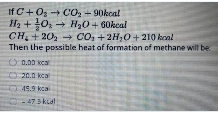 If C + O2 → CO2 + 90kcal
H2 +02 → H20+ 60kcal
CH4 + 202 -→ CO2 + 2H20+210 kcal
Then the possible heat of formation of methane will be:
O 0.00 kcal
O 20.0 kcal
45.9 kcal
O-47.3 kcal

