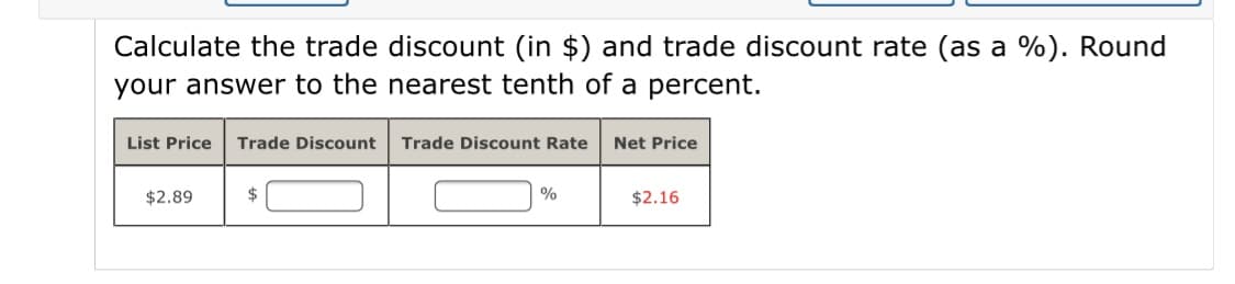 Calculate the trade discount (in $) and trade discount rate (as a %). Round
your answer to the nearest tenth of a percent.
List Price
Trade Discount
Trade Discount Rate
Net Price
$2.89
$
%
$2.16

