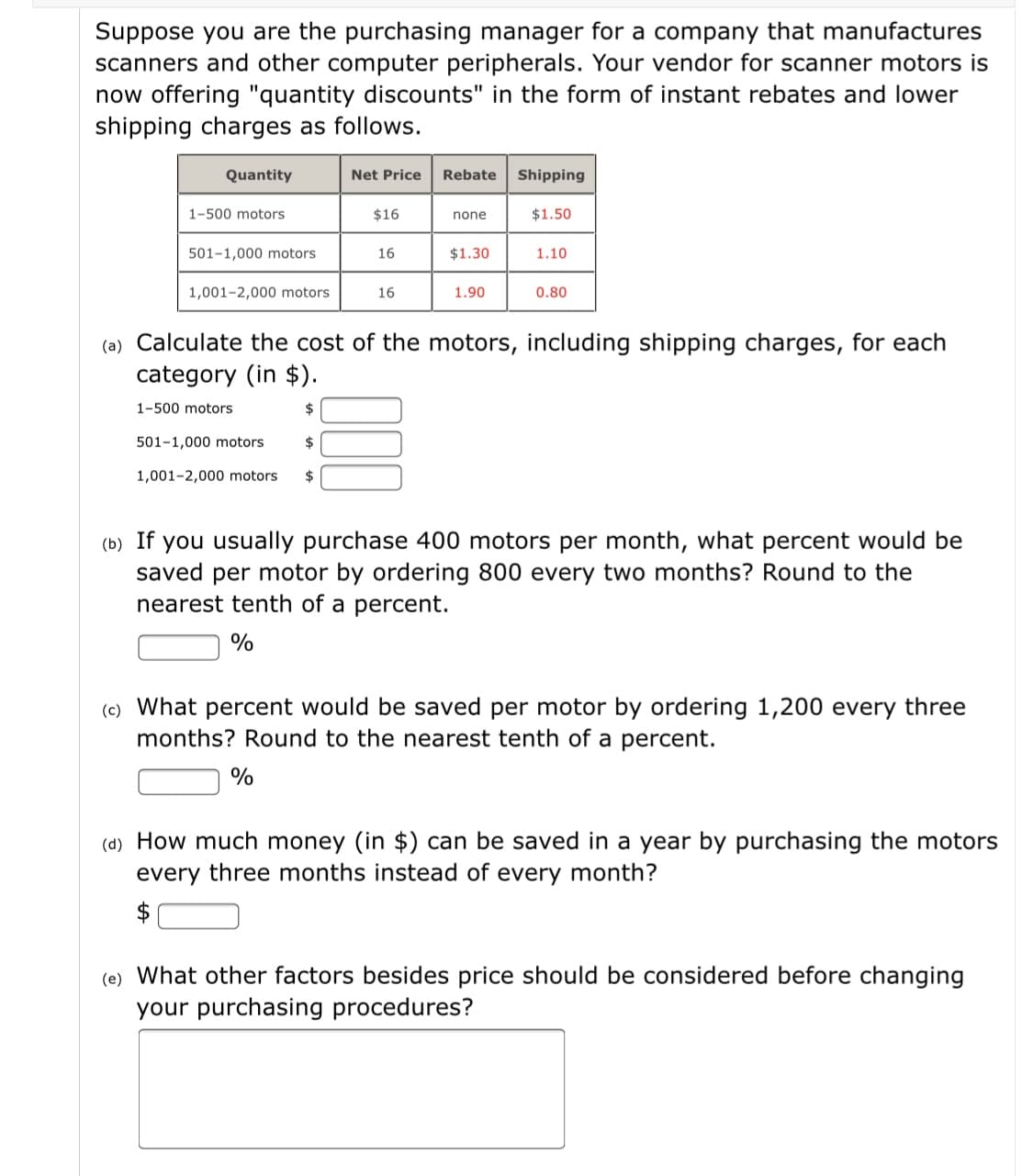 Suppose you are the purchasing manager for a company that manufactures
scanners and other computer peripherals. Your vendor for scanner motors is
now offering "quantity discounts" in the form of instant rebates and lower
shipping charges as follows.
Quantity
Net Price
Rebate
Shipping
1-500 motors
$16
none
$1.50
501-1,000 motors
16
$1.30
1.10
1,001-2,000 motors
16
1.90
0.80
(a) Calculate the cost of the motors, including shipping charges, for each
category (in $).
1-500 motors
$
501-1,000 motors
$
1,001-2,000 motors
$
If
you usually purchase 400 motors per month, what percent would be
saved per motor by ordering 800 every two months? Round to the
nearest tenth of a percent.
(b)
%
(c) What percent would be saved per motor by ordering 1,200 every three
months? Round to the nearest tenth of a percent.
%
(d) How much money (in $) can be saved in a year by purchasing the motors
every three months instead of every month?
$
(e) What other factors besides price should be considered before changing
your purchasing procedures?
