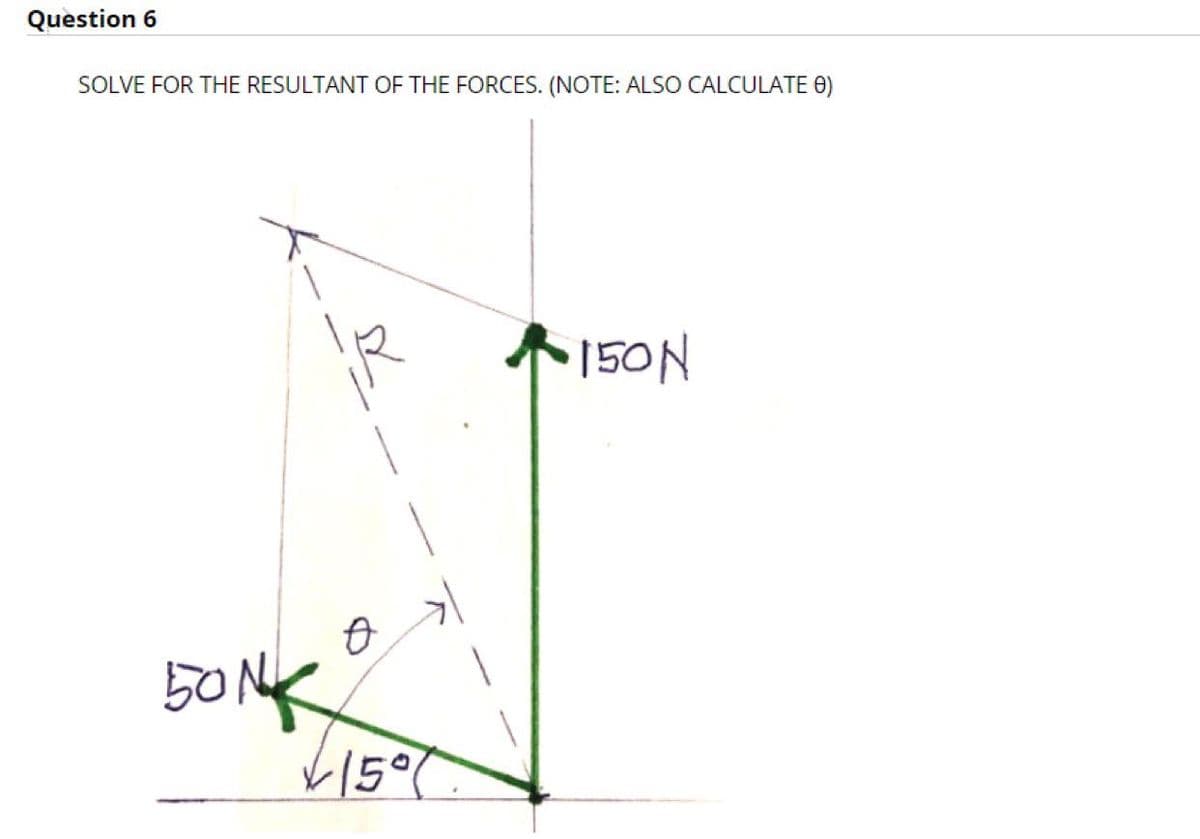 Question 6
SOLVE FOR THE RESULTANT OF THE FORCES. (NOTE: ALSO CALCULATE 0)
A150N
50NK
