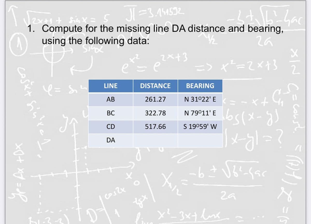 1. Compute for the missing line DA distance and bearing,
using the following data:
za
2x+3
e =e
=>=メ3
LINE
DISTANCE
BEARING
k= - x+
AB
261.27
N 31°22' E
65(メープ)
BC
322.78
N 79°11' E
CD
517.66
S 19059' W
DA
2a
