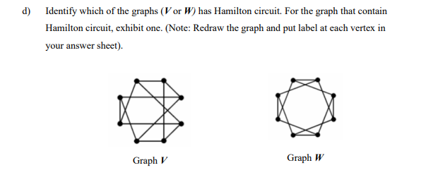 d) Identify which of the graphs (V or W) has Hamilton circuit. For the graph that contain
Hamilton circuit, exhibit one. (Note: Redraw the graph and put label at each vertex in
your answer sheet).
Graph V
Graph W
