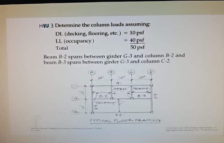 HW 3 Determine the column loads assuming:
DL (decking, flooring, etc.) = 10 psf
LL (occupancy)
= 40 psf
50 psf
Total
Beam B-2 spans between girder G-3 and column B-2 and
beam B-3 spans between girder G-3 and column C-2.
K
10¹
G3
B
GI
OPEN
B-2
DECKING
Sad 8th of Makacals for Architecture and Buidhey Construction, 4adion
Dry Ca
23
a
G2
D
DECKING)
B-3
TYPICAL FLOOR FRAMING
2012, 2007 2002, 1999 by Pearson Higher Education, Inc
Upper Bade River New Jersey 0745 Al Fogrs Reserved