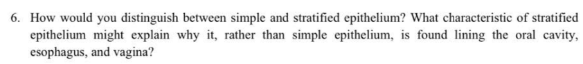6. How would you distinguish between simple and stratified epithelium? What characteristic of stratified
epithelium might explain why it, rather than simple epithelium, is found lining the oral cavity,
esophagus, and vagina?
