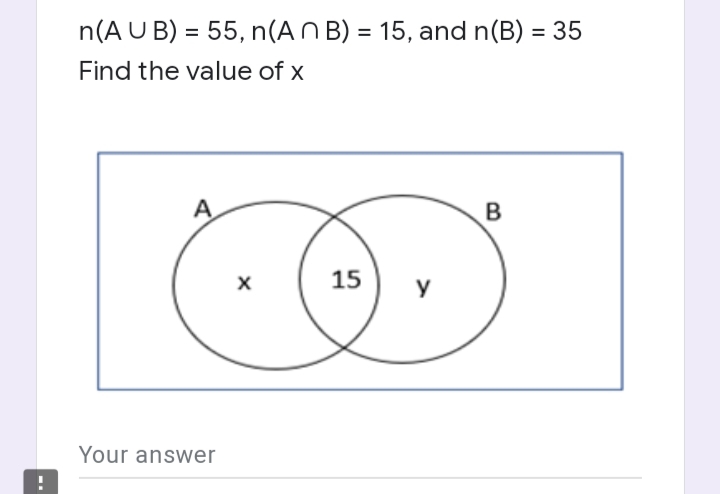 n(A U B) = 55, n(A N B) = 15, and n(B) = 35
%3D
Find the value of x
A
15
y
Your answer
