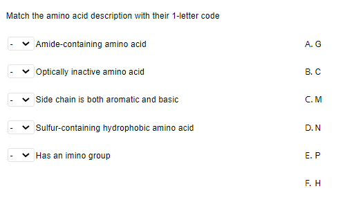 Match the amino acid description with their 1-letter code
Amide-containing amino acid
Optically inactive amino acid
Side chain is both aromatic and basic
Sulfur-containing hydrophobic amino acid
✓ Has an imino group
A. G
B. C
C.M
D. N
E. P
F. H