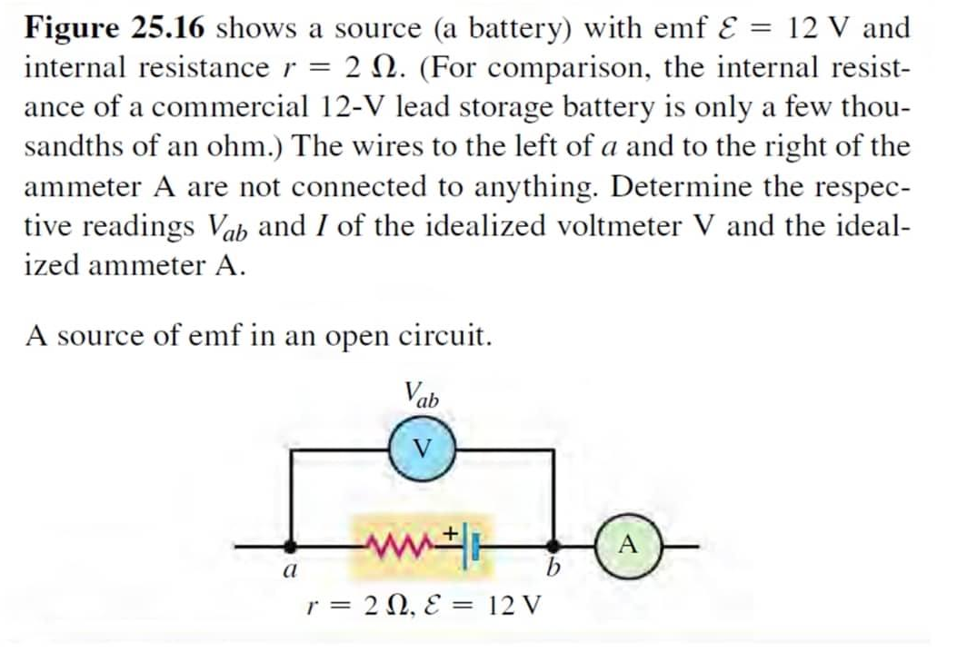 Figure 25.16 shows a source (a battery) with emf & = 12 V and
internal resistance r = 2 N. (For comparison, the internal resist-
ance of a commercial 12-V lead storage battery is only a few thou-
sandths of an ohm.) The wires to the left of a and to the right of the
ammeter A are not connected to anything. Determine the respec-
tive readings Vab and I of the idealized voltmeter V and the ideal-
ized ammeter A.
A source of emf in an open circuit.
V
a
r = 20, ε = 12 V
A