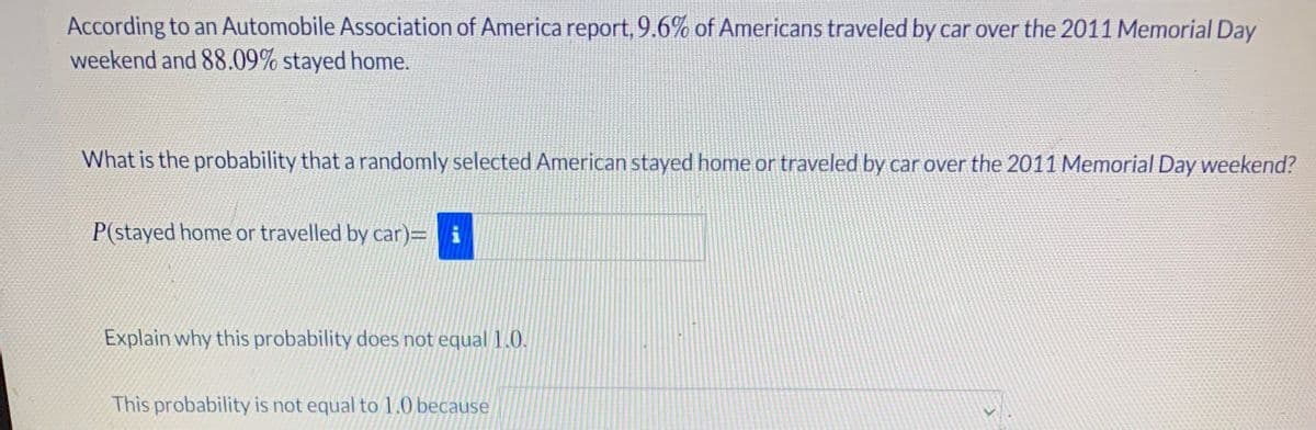 According to an Automobile Association of America report, 9.6% of Americans traveled by car over the 2011 Memorial Day
weekend and 88.09% stayed home.
What is the probability that a randomly selected American stayed home or traveled by car over the 2011 Memorial Day weekend?
P(stayed home or travelled by car)= i
Explain why this probability does not equal 1.0.
This probability is not equal to 1.0 because
