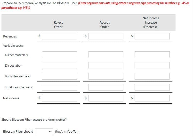 Prepare an incremental analysis for the Blossom Fiber. (Enter negative amounts using either a negative sign preceding the number e.g. -45 or
parentheses e.g. (45).)
Revenues
Variable costs:
Direct materials
Direct labor
Variable overhead
Total variable costs
Net income
+A
Blossom Fiber should
$
$
Reject
Order
Should Blossom Fiber accept the Army's offer?
the Army's offer.
LA
LA
Accept
Order
LA
LA
Net Income
Increase
(Decrease)