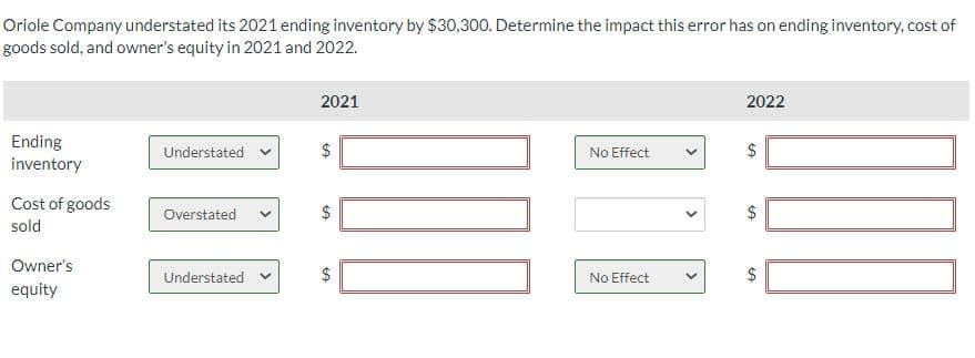 Oriole Company understated its 2021 ending inventory by $30,300. Determine the impact this error has on ending inventory, cost of
goods sold, and owner's equity in 2021 and 2022.
Ending
inventory
Cost of goods
sold
Owner's
equity
Understated
Overstated
Understated
2021
LA
tA
$
LA
100
No Effect
No Effect
<
2022
GA
$
tA
GA
100