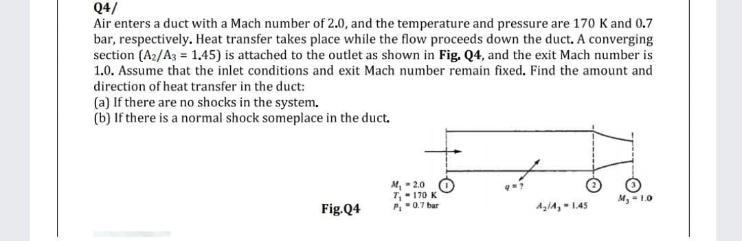 Q4/
Air enters a duct with a Mach number of 2.0, and the temperature and pressure are 170 K and 0.7
bar, respectively. Heat transfer takes place while the flow proceeds down the duct. A converging
section (A2/A3 = 1.45) is attached to the outlet as shown in Fig. Q4, and the exit Mach number is
1.0. Assume that the inlet conditions and exit Mach number remain fixed. Find the amount and
direction of heat transfer in the duct:
(a) If there are no shocks in the system.
(b) If there is a normal shock someplace in the duct.
M, - 2.0
T,- 170 K
P-0.7 bar
M, = 1.0
Fig.Q4
AzlA, = 1.45

