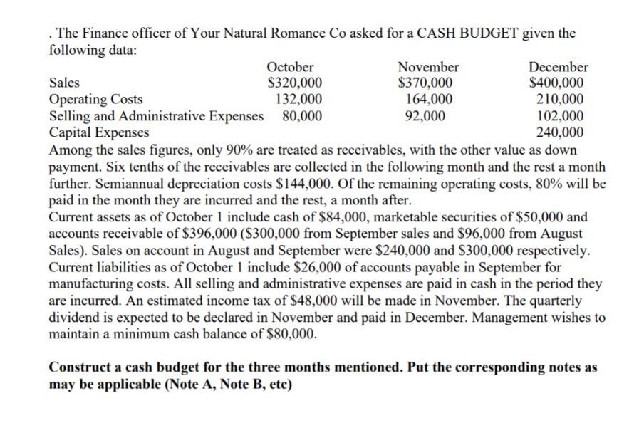 . The Finance officer of Your Natural Romance Co asked for a CASH BUDGET given the
following data:
October
November
December
$320,000
132,000
$370,000
164,000
92,000
Sales
$400,000
210,000
102,000
240,000
Operating Costs
Selling and Administrative Expenses 80,000
Capital Expenses
Among the sales figures, only 90% are treated as receivables, with the other value as down
payment. Six tenths of the receivables are collected in the following month and the rest a month
further. Semiannual depreciation costs $144,000. Of the remaining operating costs, 80% will be
paid in the month they are incurred and the rest, a month after.
Current assets as of October 1 include cash of $84,000, marketable securities of $50,000 and
accounts receivable of $396,000 ($300,000 from September sales and $96,000 from August
Sales). Sales on account in August and September were $240,000 and $300,000 respectively.
Current liabilities as of October 1 include $26,000 of accounts payable in September for
manufacturing costs. All selling and administrative expenses are paid in cash in the period they
are incurred. An estimated income tax of $48,000 will be made in November. The quarterly
dividend is expected to be declared in November and paid in December. Management wishes to
maintain a minimum cash balance of $80,000.
Construct a cash budget for the three months mentioned. Put the corresponding notes as
may be applicable (Note A, Note B, etc)
