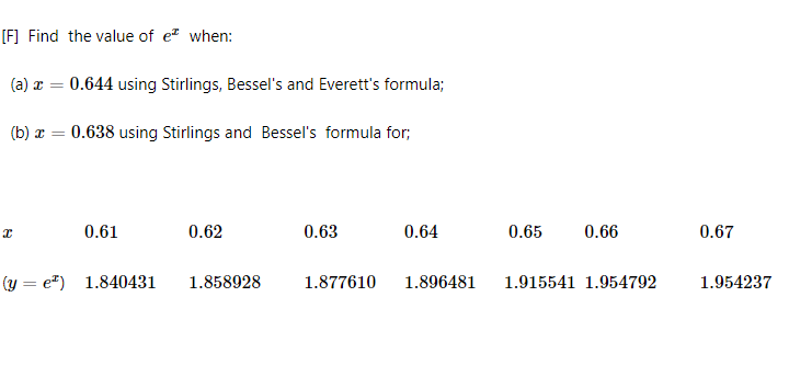 [F] Find the value of e when:
(a) x =
0.644 using Stirlings, Bessel's and Everett's formula;
(b) x =
0.638 using Stirlings and Bessel's formula for;
0.61
0.62
0.63
0.64
0.65
0.66
0.67
(y = e") 1.840431
1.858928
1.877610
1.896481
1.915541 1.954792
1.954237
