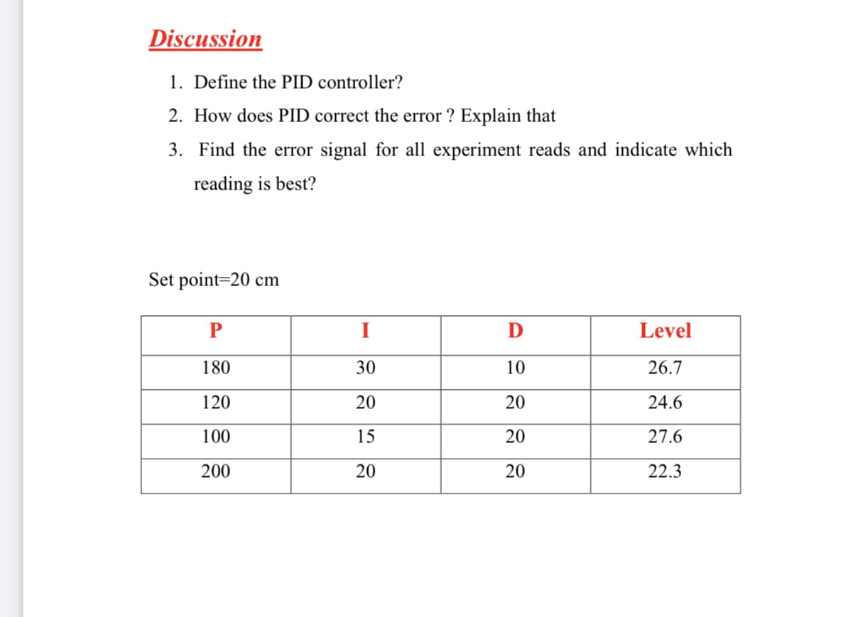 Discussion
1. Define the PID controller?
2. How does PID correct the error ? Explain that
3. Find the error signal for all experiment reads and indicate which
reading is best?
Set point=20 cm
P
I
D
Level
180
30
10
26.7
120
20
20
24.6
100
15
20
27.6
200
20
20
22.3
