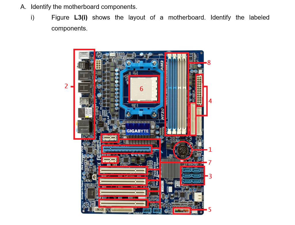 A. Identify the motherboard components.
i)
Figure L3(i) shows the layout of a motherboard. Identify the labeled
components.
-8
2 -
6.
GIGABYTE
ECUEME
LAS
USB2.0
OELH

