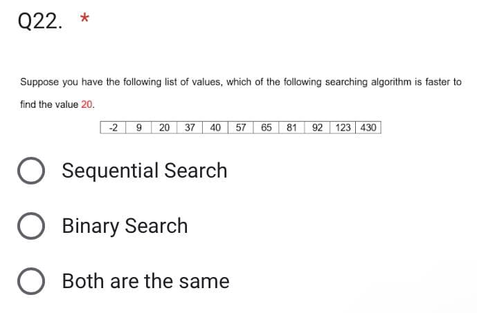 Q22. *
Suppose you have the following list of values, which of the following searching algorithm is faster to
find the value 20.
-29 20 37 40 57 65 81 92 123 430
O Sequential Search
O Binary Search
O Both are the same