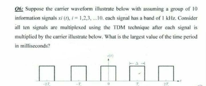 06: Suppose the carrier waveform illustrate below with assuming a group of 10
information signals xi (t), i 1,2,3, ...10. each signal has a band of 1 kHz. Consider
all ten signals are multiplexed using the TDM technique after each signal is
multiplied by the carrier illustrate below. What is the largest value of the time period
in milliseconds?
27
