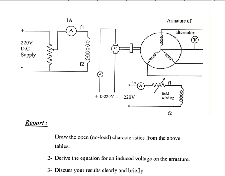 1A
Armature of
fl
A
alternator
220V
D.C
Supply
f2
fl
field
+ 0-220V - 220V
winding
12
Report :
1- Draw the open (no-load) charactecristics from the above
tables.
2- Derive the equation for an induced voltage on the armature.
3- Discuss your results clearly and briefly.
eeee

