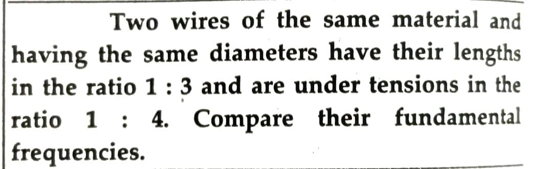 Two wires of the same material and
having the same diameters have their lengths
in the ratio 1 : 3 and are under tensions in the
ratio 1 : 4. Compare their fundamental
frequencies.
