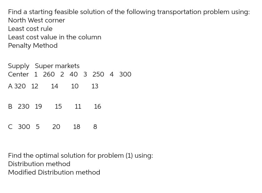 Find a starting feasible solution of the following transportation problem using:
North West corner
Least cost rule
Least cost value in the column
Penalty Method
Supply Super markets
Center 1 260 2 40 3 250 4 300
A 320 12
14
10
13
B 230 19
15
11
16
C 300 5
20
18
8
Find the optimal solution for problem (1) using:
Distribution method
Modified Distribution method
