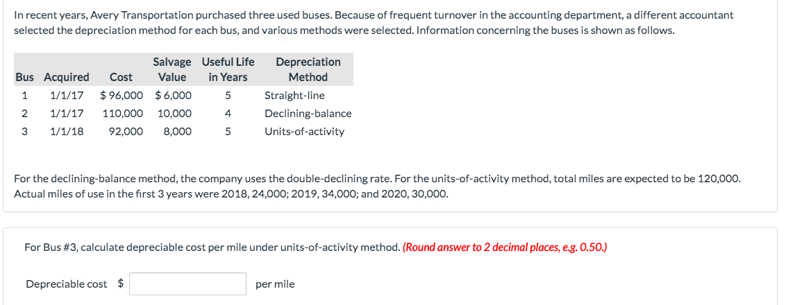 In recent years, Avery Transportation purchased three used buses. Because of frequent turnover in the accounting department, a different accountant
selected the depreciation method for each bus, and various methods were selected. Information concerning the buses is shown as follows.
Salvage Useful Life
Depreciation
Method
Bus Acquired
Cost
Value
in Years
Straight-line
Declining-balance
Units-of-activity
$ 96,000 $ 6,000
1/1/17
1/1/17
4
110,000
10.000
3
1/1/18
92,000
8,000
For the declining-balance method, the company uses the double-declining rate. For the units-of-activity method, total miles are expected to be 120,000.
Actual miles of use in the first 3 years were 2018, 24,000; 2019, 34,000; and 2020, 30,000.
For Bus #3, calculate depreciable cost per mile under units-of-activity method. (Round answer to 2 decimal places, e.g. 0.50.)
Depreciable cost $
per mile
