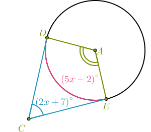 D
(5х — 2)°
(2x + 7)°
E
