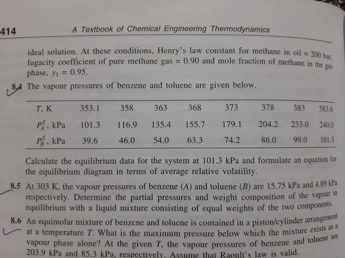 vapour phase alone? At the given T, the vapour pressures of benzene and toluene are
8.6 An equimolar mixture of benzene and toluene is contained in a piston/cylinder arrangement
414
A Textbook of Chemical Engineering Thermodynamics
ideal solution. At these conditions, Henry's law constant for methane in oil = 200 La
fugacity coefficient of pure methane gas = 0.90 and mole fraction of methane in the
%3D
gas
phase, yi = 0.95.
8,4 The vapour pressures of benzene and toluene are given below.
Т, К
353.1
358
363
368
373
378
383 383.6
P, kPa
101.3
116.9
135.4
155.7
179.1
204.2
233.0
240.0
P, kPa
39.6
46.0
54.0
63.3
74.2
86.0
99.0
101.3
Calculate the equilibrium data for the system at 101.3 kPa and formulate an equation for
the equilibrium diagram in terms of average relative volatility.
8.5 At 303 K, the vapour pressures of benzene (A) and toluene (B) are 15.75 kPa and 4.89 kPa
respectively. Determine the partial pressures and weight composition of the vapour m
in
equilibrium with a liquid mixture consisting of equal weights of the two components.
8.6 An equimolar mixture of benzene and toluene is contained in a piston/cylinder arrangeme
at a temperature T. What is the maximum pressure below which the mixture exists a u
vapour phase alone? At the given T, the vapour pressures of benzene and toluene
203.9 kPa and 85.3 kPa, respectively. Assume that Raoult's law is valid.
