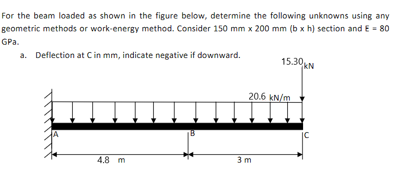 For the beam loaded as shown in the figure below, determine the following unknowns using any
geometric methods or work-energy method. Consider 150 mm x 200 mm (b x h) section and E = 80
GPa.
a. Deflection at C in mm, indicate negative if downward.
15.30
kN
20.6 kN/m
IC
4.8 m
3 m
